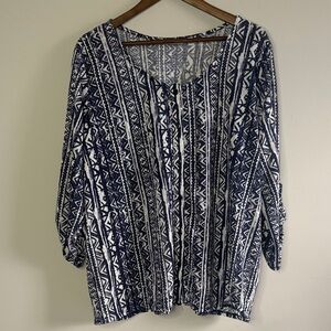 Notations Woman 2X Blue White Tribal Print‎ Peasant Blouse Boho Top
